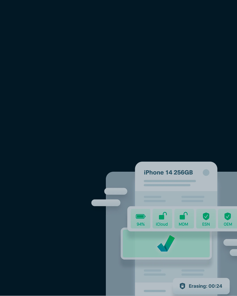 Illustration of an iPhone 14 with a testing screen on a dark background